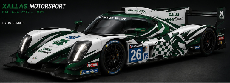 Dallara P217 de LMP2 con la decoración de Xallas MotorSport, dorsal 26, en verde y blanco. Render de concepto.