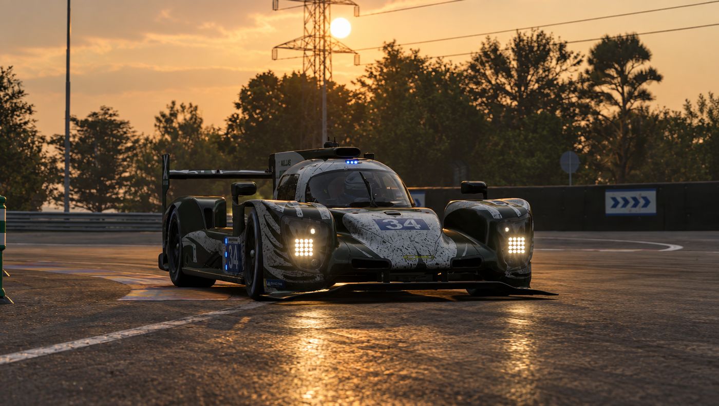 El LMP2 número 34 de Xallas MotorSport rodando al atardecer, con el sol reflejado en el asfalto.