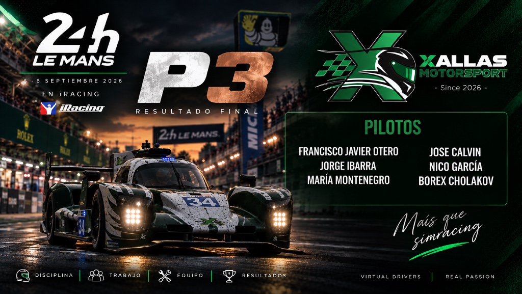 P3, resultado final de las 24 Horas de Le Mans 2026 en iRacing, 5 y 6 de septiembre. El LMP2 número 34 de Xallas MotorSport, con los faros encendidos, en el pit lane del circuito.