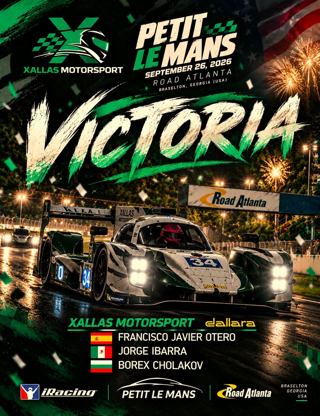Victoria, resultado de Petit Le Mans en iRacing, 26 de septiembre, en Road Atlanta. El LMP2 número 34 de Xallas MotorSport de noche sobre el asfalto mojado, con fuegos artificiales y el arco de Road Atlanta al fondo.